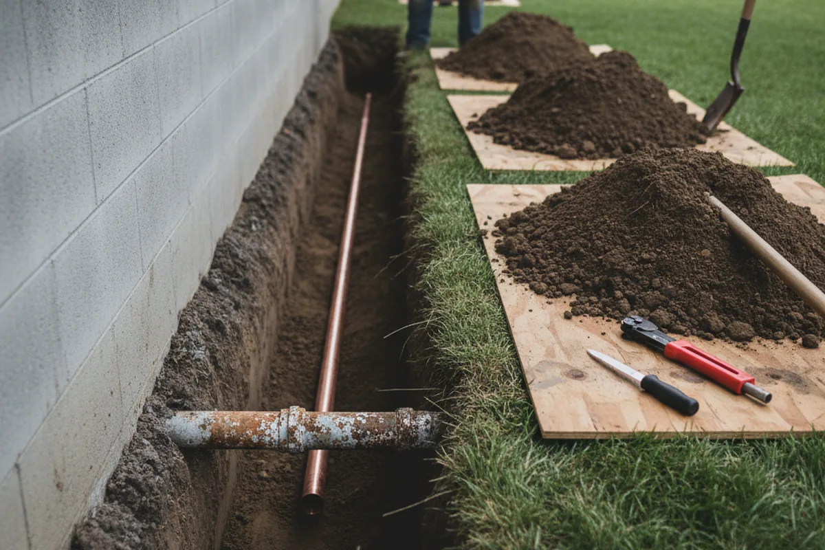 Excavated water line trench during Sewer Line Repair in Boligee
